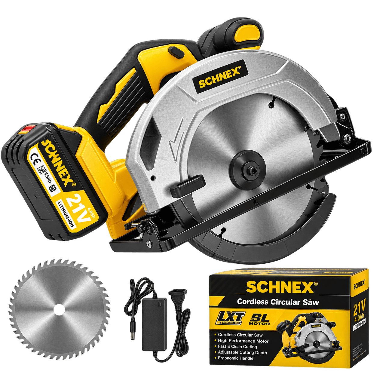 SCHNEX 21V Cordless Circular Saw – 4.0Ah Lithium Battery, 125mm Blade, Brushless Motor, 5200 RPM High-Precision Cutting Tool